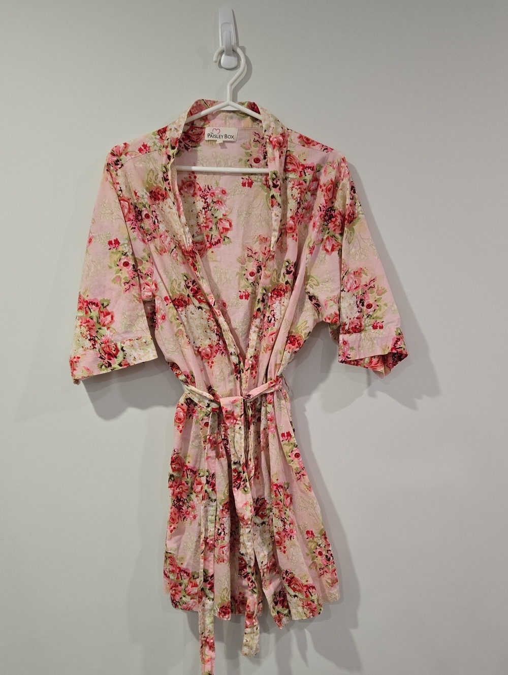 The Paisley Box Pink Floral Bridesmaid's Cotton Robe with Belt
